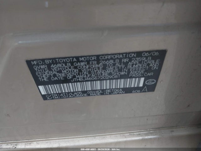 Продаж на аукціоні авто 2007 Lexus Es 350, vin: JTHBJ46G672029081, номер лоту: 45914883
