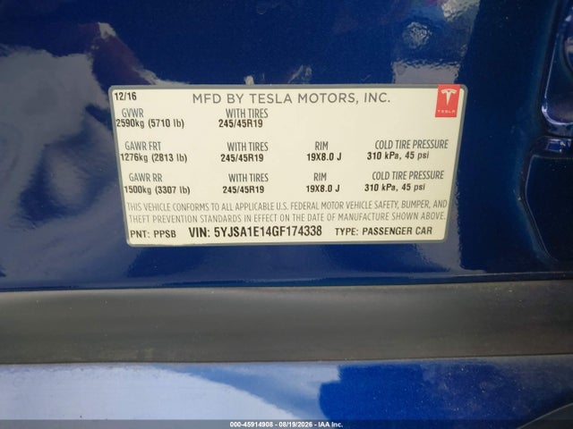 Aukcja sprzedaży 2016 Tesla Model S 60/70/75/85, vin: 5YJSA1E14GF174338, numer aukcji: 45914908