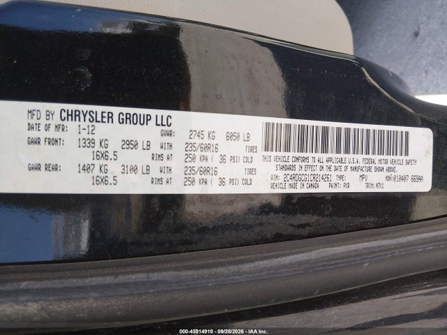 Продажа на аукционе авто 2012 Dodge Grand Caravan Sxt, vin: 2C4RDGCG1CR214261, номер лота: 45914910