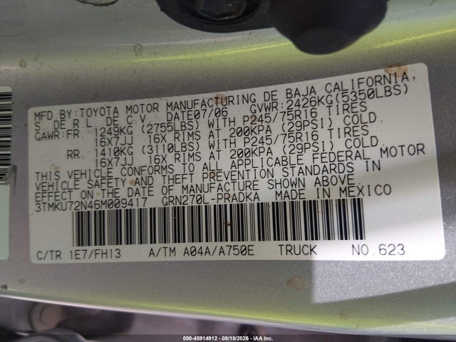 Продаж на аукціоні авто 2006 Toyota Tacoma Prerunner V6, vin: 3TMKU72N46M009417, номер лоту: 45914912
