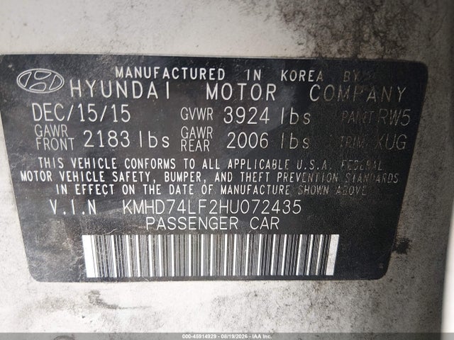 Продажа на аукционе авто 2017 Hyundai Elantra Se, vin: KMHD74LF2HU072435, номер лота: 45914929