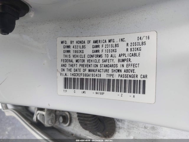 Продаж на аукціоні авто 2016 Honda Accord Sport, vin: 1HGCR2F56GA190409, номер лоту: 45914936