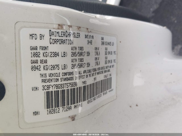 Aukcja sprzedaży 2003 Chrysler Pt Cruiser Gt, vin: 3C8FY78G93T575698, numer aukcji: 45914945