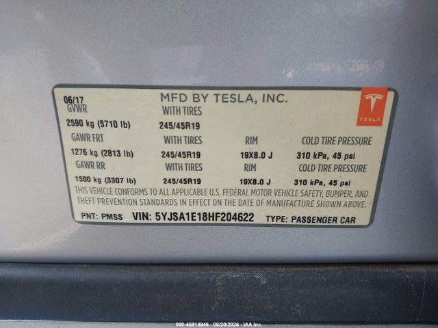 Продаж на аукціоні авто 2017 Tesla Model S 60/75, vin: 5YJSA1E18HF204622, номер лоту: 45914946