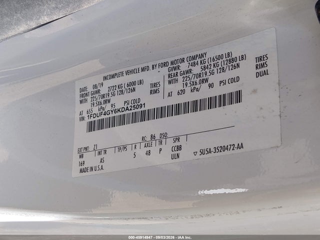2019 Ford F-450 Chassis Xl მანქანა იყიდება აუქციონზე, vin: 1FDUF4GY6KDA25091, აუქციონის ნომერი: 45914947