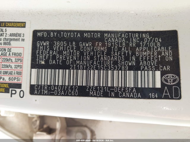 Aukcja sprzedaży 2005 Toyota Corolla Xrs, vin: 2T1BY32E15C353789, numer aukcji: 45914949