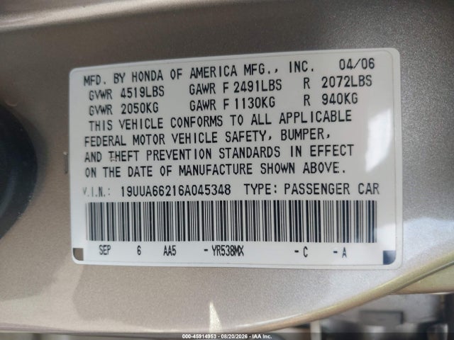 Продаж на аукціоні авто 2006 Acura Tl, vin: 19UUA66216A045348, номер лоту: 45914953