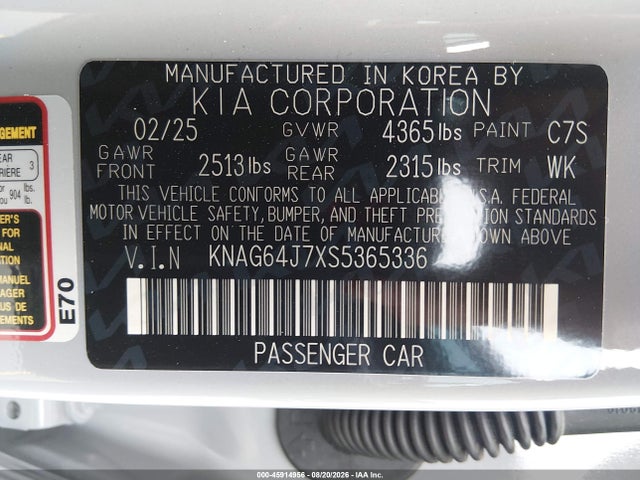 Aukcja sprzedaży 2025 Kia K5 Gt-line, vin: KNAG64J7XS5365336, numer aukcji: 45914956