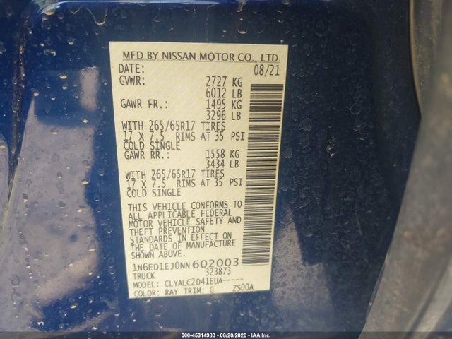 2022 Nissan Frontier Sv 4x2 მანქანა იყიდება აუქციონზე, vin: 1N6ED1EJ0NN602003, აუქციონის ნომერი: 45914983