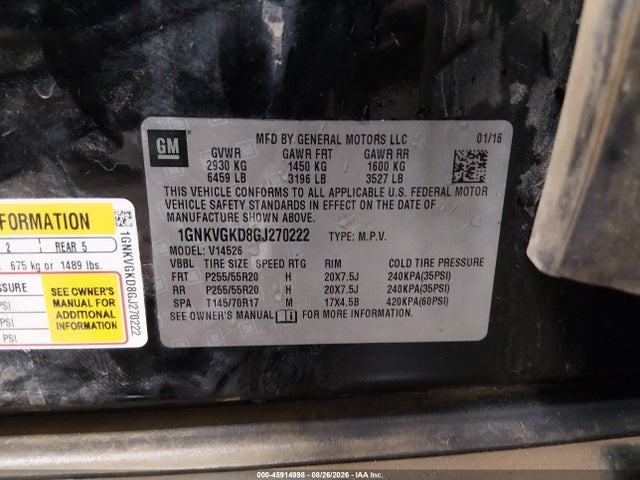 Продаж на аукціоні авто 2016 Chevrolet Traverse Lt, vin: 1GNKVGKD8GJ270222, номер лоту: 45914998