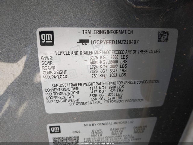 1GCPYFED1NZ218487 Chevrolet SILVERADO 1500 LTD