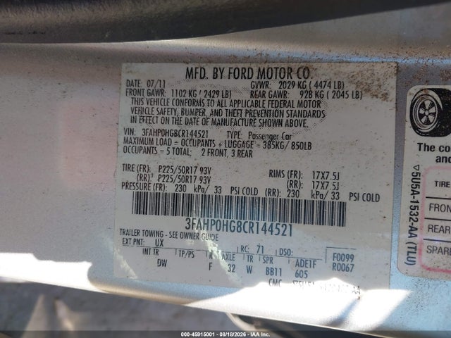 2012 Ford Fusion Se მანქანა იყიდება აუქციონზე, vin: 3FAHP0HG8CR144521, აუქციონის ნომერი: 45915001