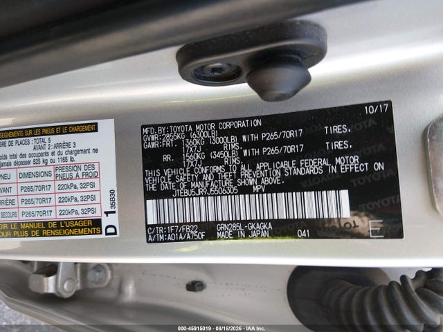 Продаж на аукціоні авто 2018 Toyota 4runner Sr5, vin: JTEBU5JR9J5506305, номер лоту: 45915019