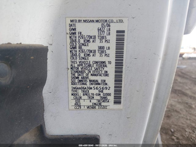Aukcja sprzedaży 2006 Nissan Titan Se, vin: 1N6AA06A36N565692, numer aukcji: 45915040