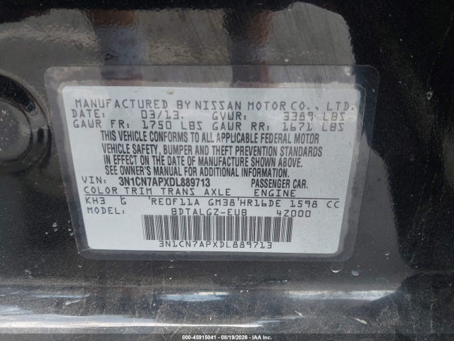 Aukcja sprzedaży 2013 Nissan Versa 1.6 Sl, vin: 3N1CN7APXDL889713, numer aukcji: 45915041
