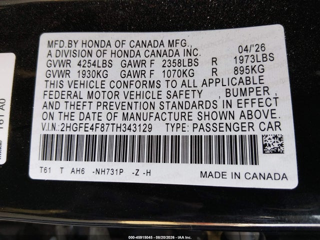 2HGFE4F87TH343129 Honda Civic Hybrid Sport/sport Touring