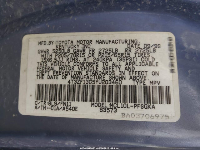 2000 Toyota Sienna Le მანქანა იყიდება აუქციონზე, vin: 4T3ZF13C5YU203460, აუქციონის ნომერი: 45915063