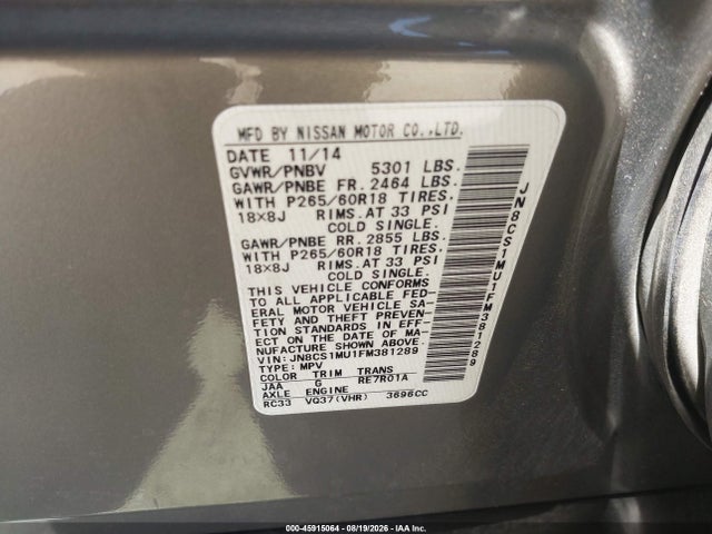 Продажа на аукционе авто 2015 Infiniti Qx70, vin: JN8CS1MU1FM381289, номер лота: 45915064