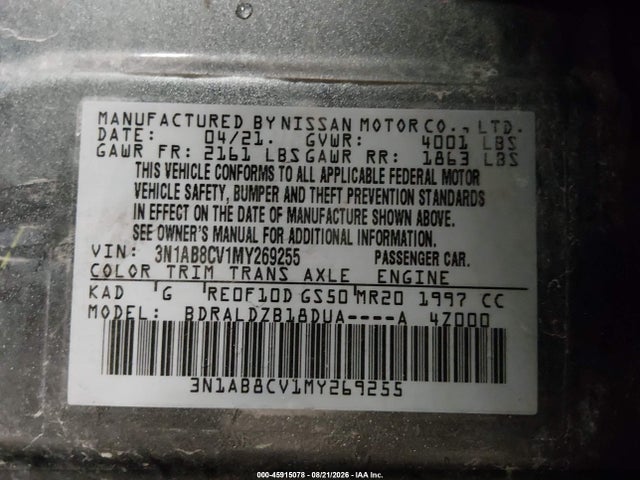 45915078 :رقم المزاد ، 3N1AB8CV1MY269255 vin ، 2021 Nissan Sentra Sv Xtronic Cvt مزاد بيع