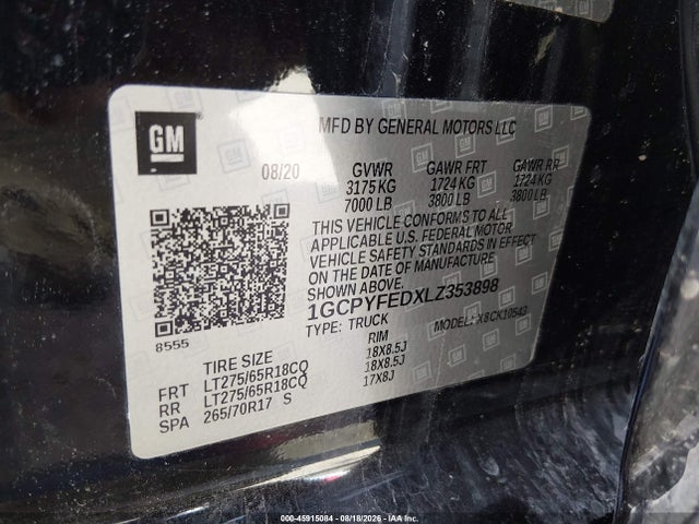 Aukcja sprzedaży 2020 Chevrolet Silverado 1500 4wd  Short Bed Lt Trail Boss, vin: 1GCPYFEDXLZ353898, numer aukcji: 45915084