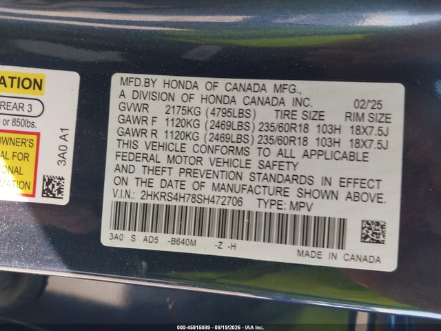 Honda Cr-v Ex-l Awd 2025 2HKRS4H78SH472706 Image 9