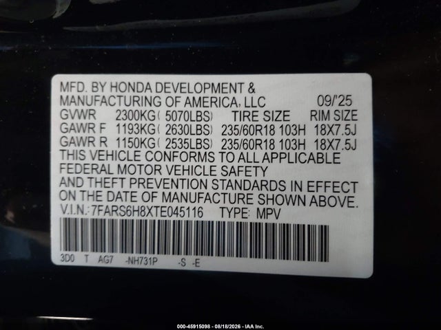 7FARS6H8XTE045116 Honda Cr-v Hybrid Awd Sport-l