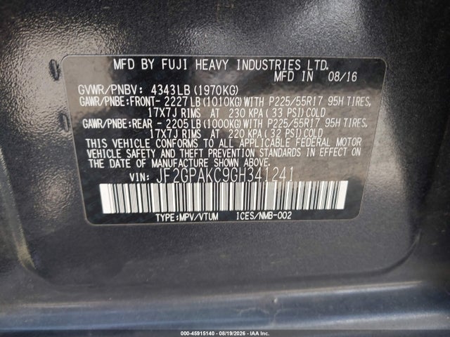 JF2GPAKC9GH341241 Subaru Crosstrek 2.0i Limited