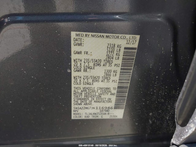 Nissan MURANO SL 2018 5N1AZ2MG7JN116986 Image 9