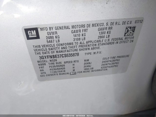 45915150 :رقم المزاد ، 3GYFNBE37CS635878 vin ، 2012 Cadillac Srx Performance Collection مزاد بيع