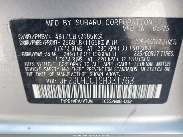 Продаж на аукціоні авто 2025 Subaru Crosstrek Premium, vin: JF2GUHDC1SH331763, номер лоту: 45915154
