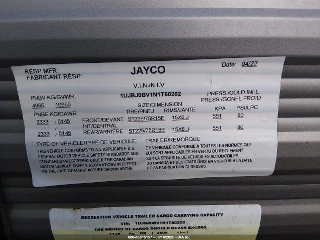 Продажа на аукционе авто 2022 Jayco Jay Flight 34rsbs, vin: 1UJBJ0BV1N1T60202, номер лота: 45915157