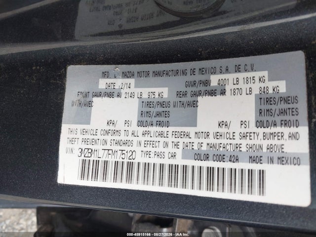 2015 Mazda Mazda3 I Touring მანქანა იყიდება აუქციონზე, vin: 3MZBM1L77FM175120, აუქციონის ნომერი: 45915166