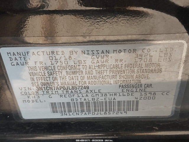 Продаж на аукціоні авто 2018 Nissan Versa 1.6 Sv, vin: 3N1CN7AP0JL857249, номер лоту: 45915171