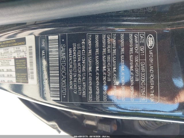2012 Land Rover Range Rover Hse მანქანა იყიდება აუქციონზე, vin: SALME1D45CA363701, აუქციონის ნომერი: 45915178