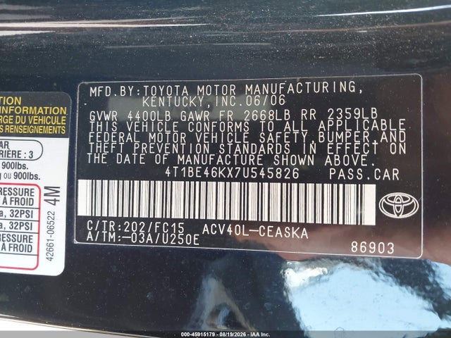 2007 Toyota Camry Se მანქანა იყიდება აუქციონზე, vin: 4T1BE46KX7U545826, აუქციონის ნომერი: 45915179