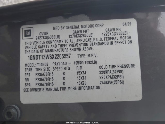 45915188 :رقم المزاد ، 1GNDT13W3X2205557 vin ، 1999 Chevrolet Blazer Ls مزاد بيع