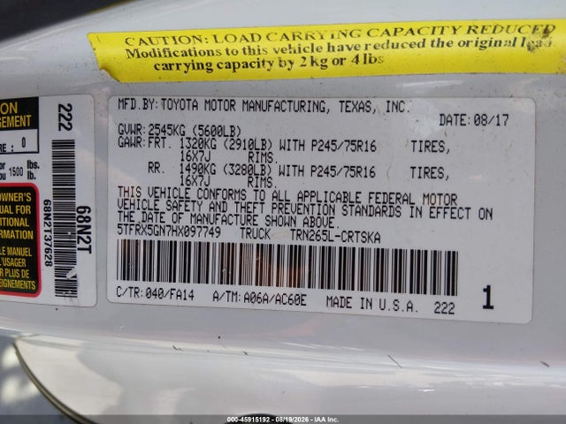 45915192 :رقم المزاد ، 5TFRX5GN7HX097749 vin ، 2017 Toyota Tacoma Sr مزاد بيع