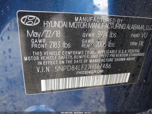 Продажа на аукционе авто 2018 Hyundai Elantra Sel, vin: 5NPD84LF2JH367486, номер лота: 45915194