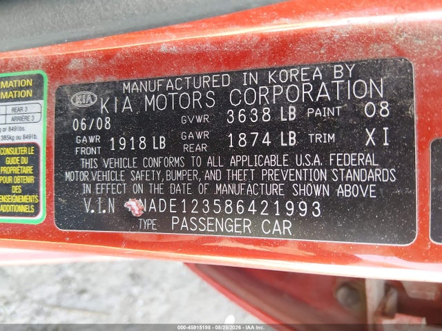 2008 Kia Rio Lx მანქანა იყიდება აუქციონზე, vin: KNADE123586421993, აუქციონის ნომერი: 45915198
