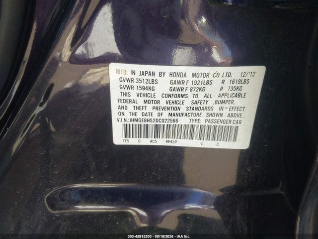 45915200 :رقم المزاد ، JHMGE8H52DC022566 vin ، 2013 Honda Fit Sport مزاد بيع