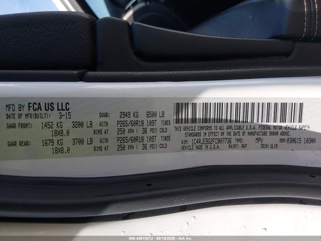 Продажа на аукционе авто 2015 Jeep Grand Cherokee Limited, vin: 1C4RJEBG2FC807736, номер лота: 45915212