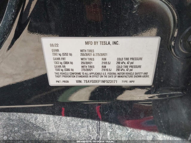 7SAYGDEF1NF523171 Tesla Model Y Performance Dual Motor All-wheel Drive