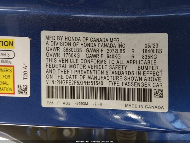Honda Civic Sport 2023 2HGFE2F5XPH551540 Image 9