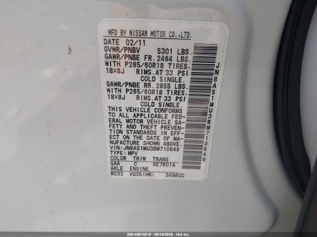 45915219 :رقم المزاد ، JN8AS1MU3BM710849 vin ، 2011 Infiniti Fx35 مزاد بيع
