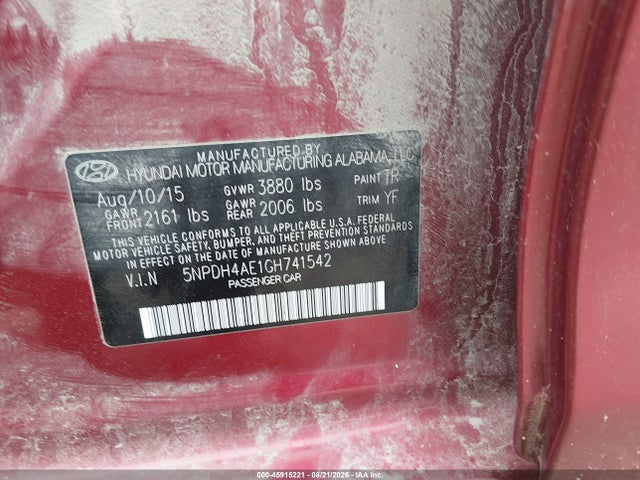 Aukcja sprzedaży 2016 Hyundai Elantra Se, vin: 5NPDH4AE1GH741542, numer aukcji: 45915221