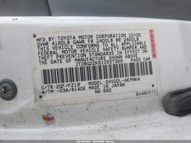 2001 Toyota Camry Le მანქანა იყიდება აუქციონზე, vin: JT2BG22K810557389, აუქციონის ნომერი: 45915231