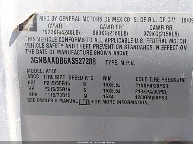 Aukcja sprzedaży 2010 Chevrolet Hhr Ls, vin: 3GNBAADB6AS527288, numer aukcji: 45915235