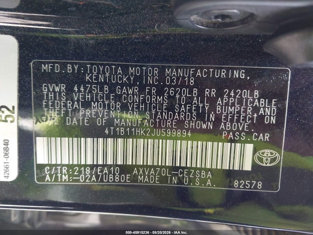 Toyota CAMRY SE 2018 4T1B11HK2JU599894 Image 9