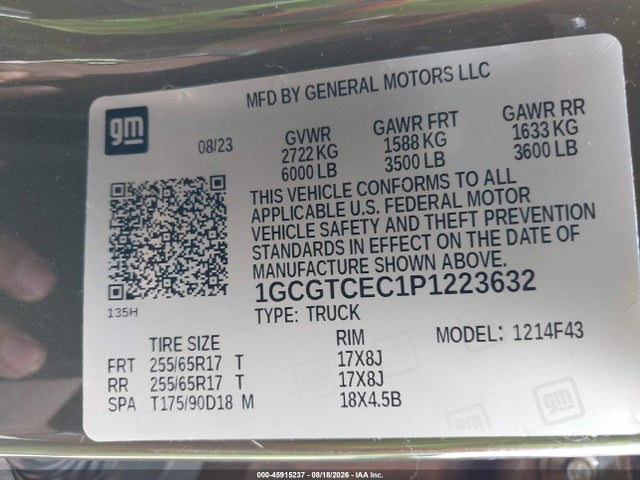 45915237 :رقم المزاد ، 1GCGTCEC1P1223632 vin ، 2023 Chevrolet Colorado 4wd  Short Box Lt مزاد بيع