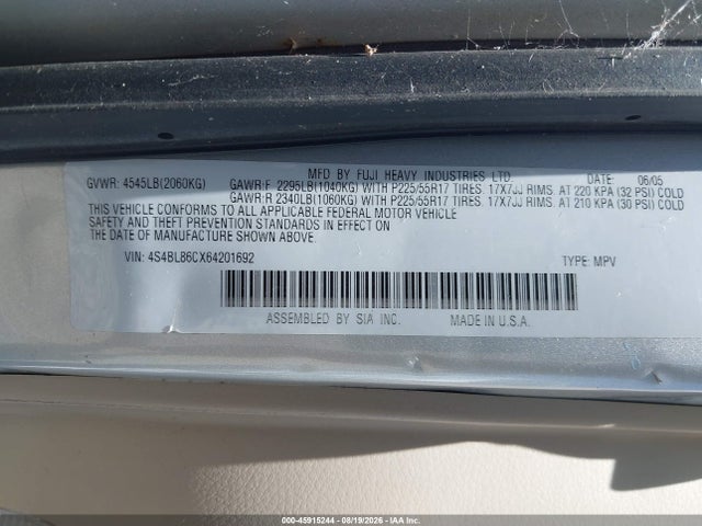 Aukcja sprzedaży 2006 Subaru Legacy Outback 3.0r Ll Bean, vin: 4S4BL86CX64201692, numer aukcji: 45915244
